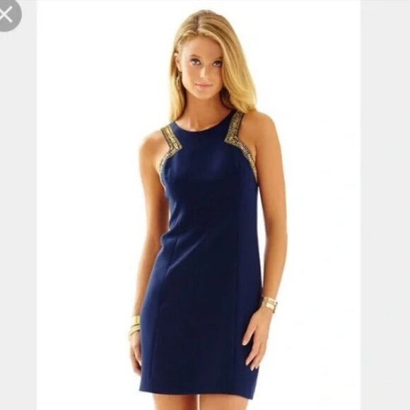 Lilly Pulitzer Largo Shift Dress True Navy Beaded Gold Cocktail Sz 12 - $268 - Picture 7 of 16
